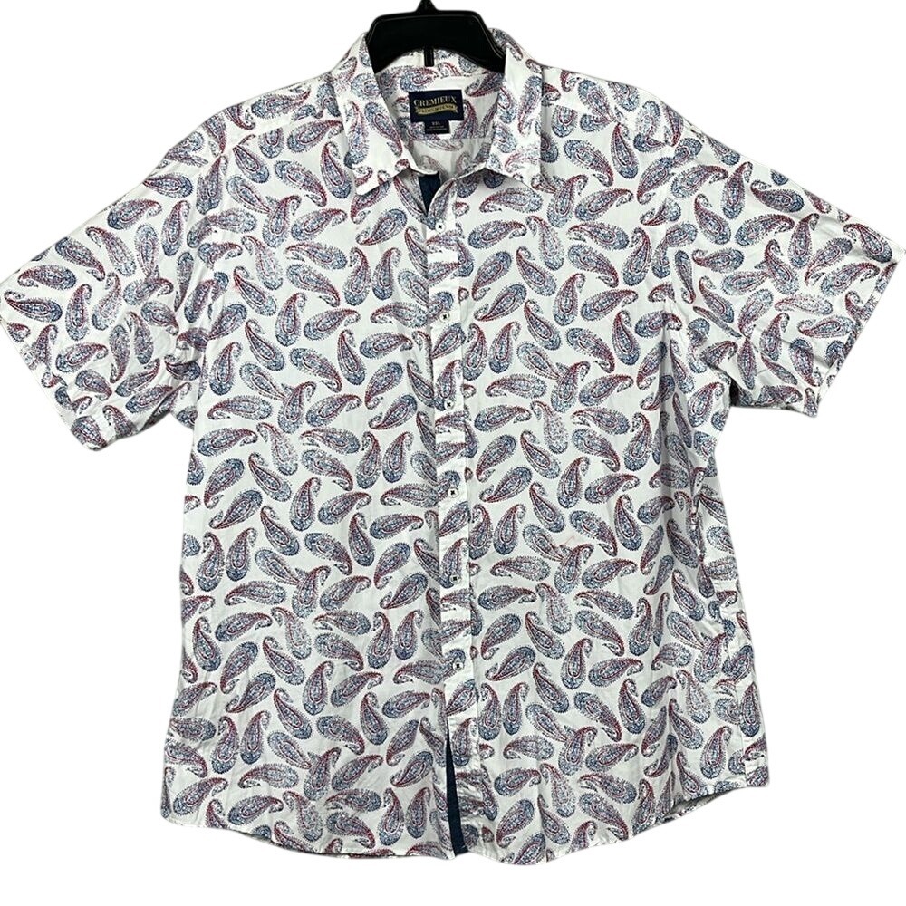 Cremiux Premium Denim Short Sleeve Button Up Shirt Mens Size XXL Red White Blue